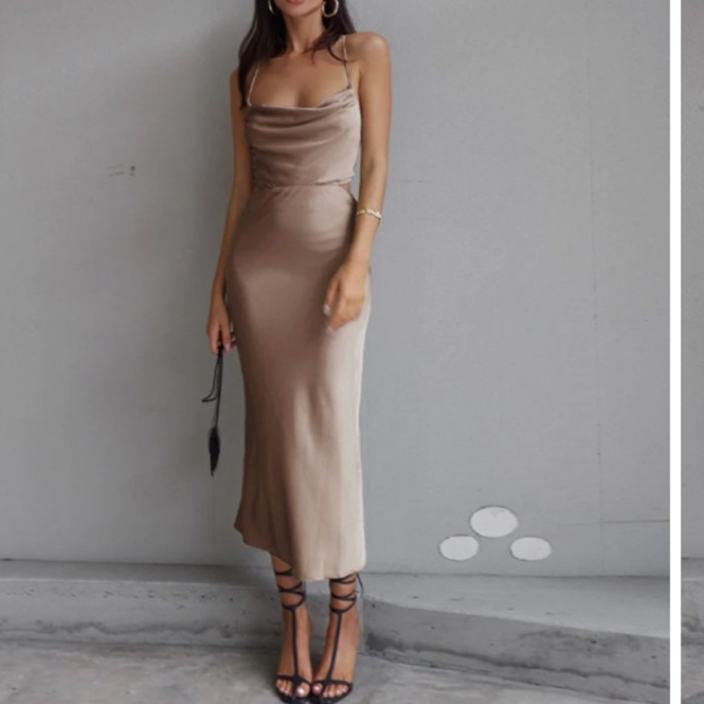 COPY Taupe Nude Cocktail Evening Gown Zara Harlow Taylor Swift Midi 4/6